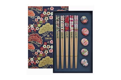 Coffret 5 paires baguettes & reposes motif floral élégants Coffret 5 paires baguettes & reposes motif floral élégants