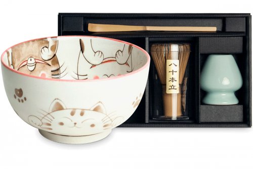 Ensemble pour th&eacute; matcha "Trois Chats" rouge 4 pi&egrave;ces